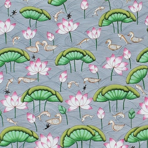 May include: A hand-painted illustration of a pond scene with pink lotus flowers, green lily pads, and grey fish swimming in the water. The background is a light blue color.
