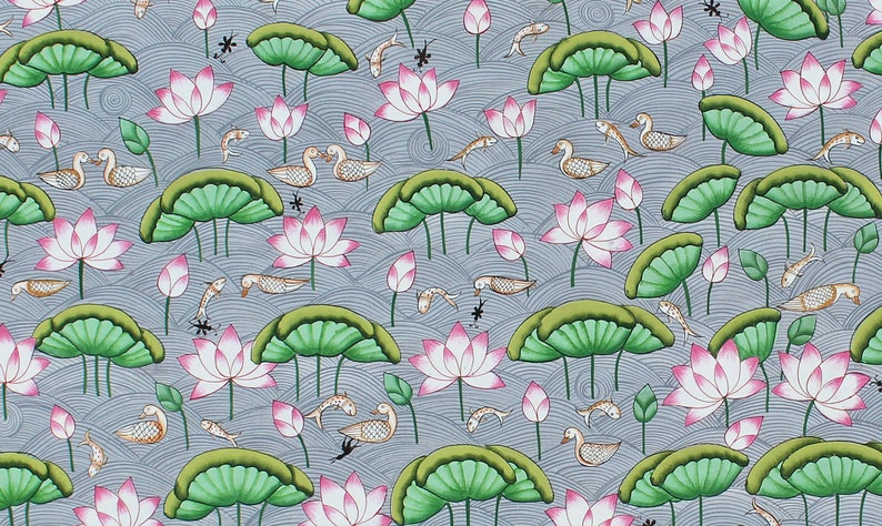 May include: A hand-painted illustration of a pond scene with pink lotus flowers, green lily pads, and grey fish swimming in the water. The background is a light blue color.