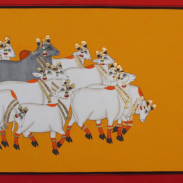 Vaches Peinture- Peinture pour salon- Indien Pichwai Art- Mur Décor- Maison Décor- Mur suspendu- Oeuvre- Pichwai Peinture-Saint animal