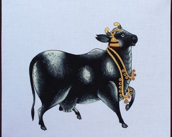 Beautifully hand made painting of cow on cloth with natural stone pigments (color), traditional wall art ,indian home decor, fabric painting