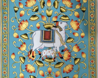 Traditional wall Painting of Beautiful Cow In Kamal Talai ,Indian Pichwai Painting, Wall Hanging ,Home decor ,Art ,Handmade Painting