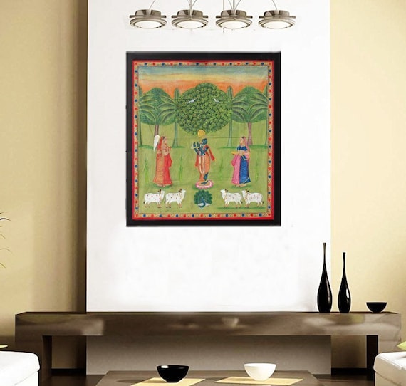 Wall Painting Indian Home Decor Pichwai Art Shri Nath Ji Religious Stone Color On Fabric Hand Painted Painting