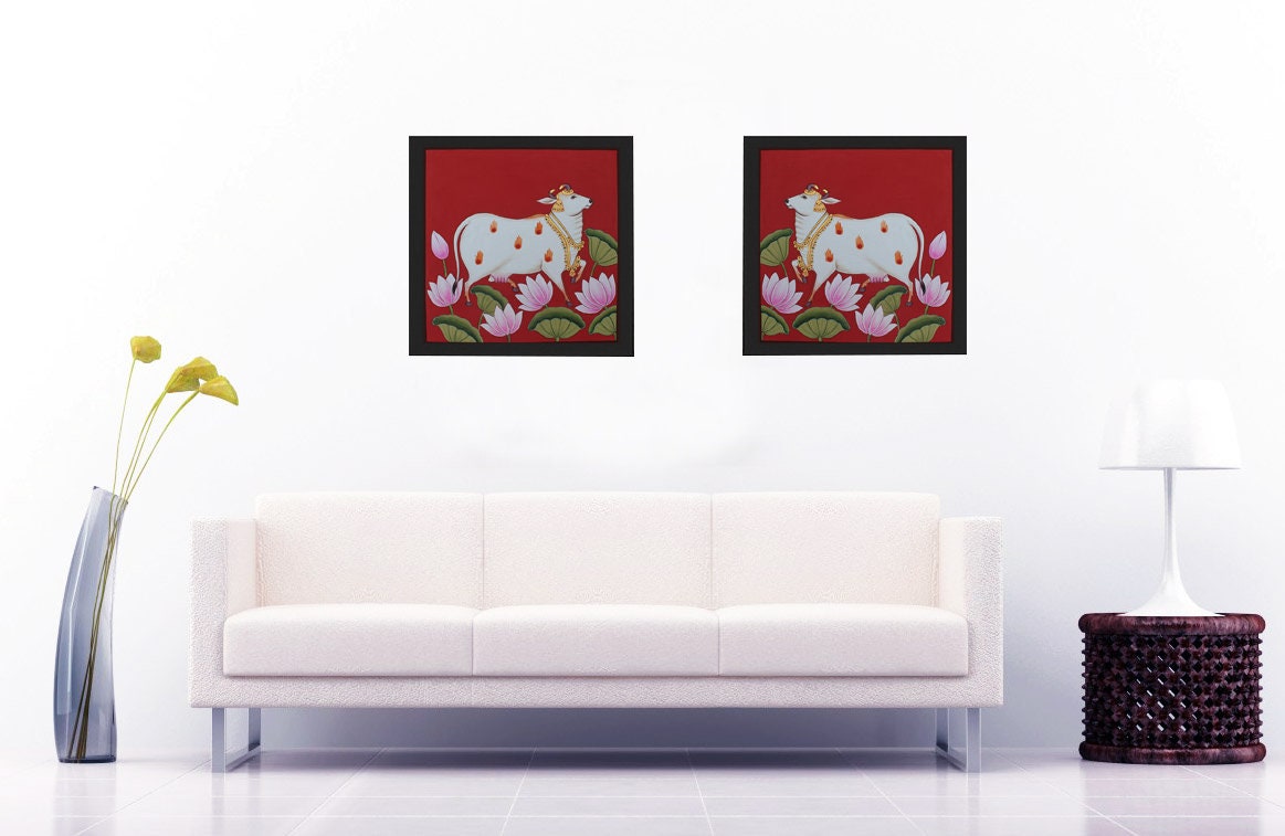 牛と蓮のピチワイ絵画、伝統的なラージャスタン布の壁アート - Etsy 日本