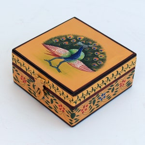 Hand painted peacock on wooden box, Wooden box, Home Decor, Peacock painting, boxes, Indian Art, Pichwai Art