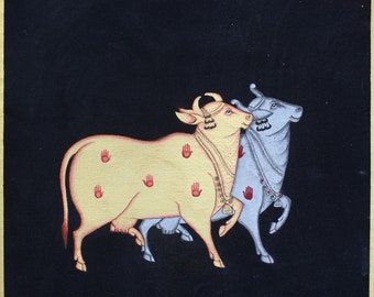 Beautifully hand made painting of cow on cloth with natural stone pigments (color), traditional wall art ,indian home decor, fabric painting