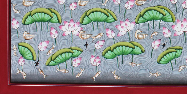 May include: A hand-painted illustration of a pond scene with pink lotus flowers, green lily pads, and gold fish swimming in the water. The background is a light blue with a wavy pattern.