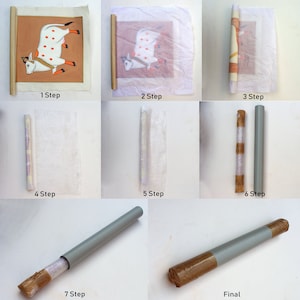 May include: A step-by-step guide on how to package a rolled painting for shipping. The painting is rolled up and wrapped in bubble wrap, then placed inside a cardboard tube. The tube is then sealed with brown packing tape.