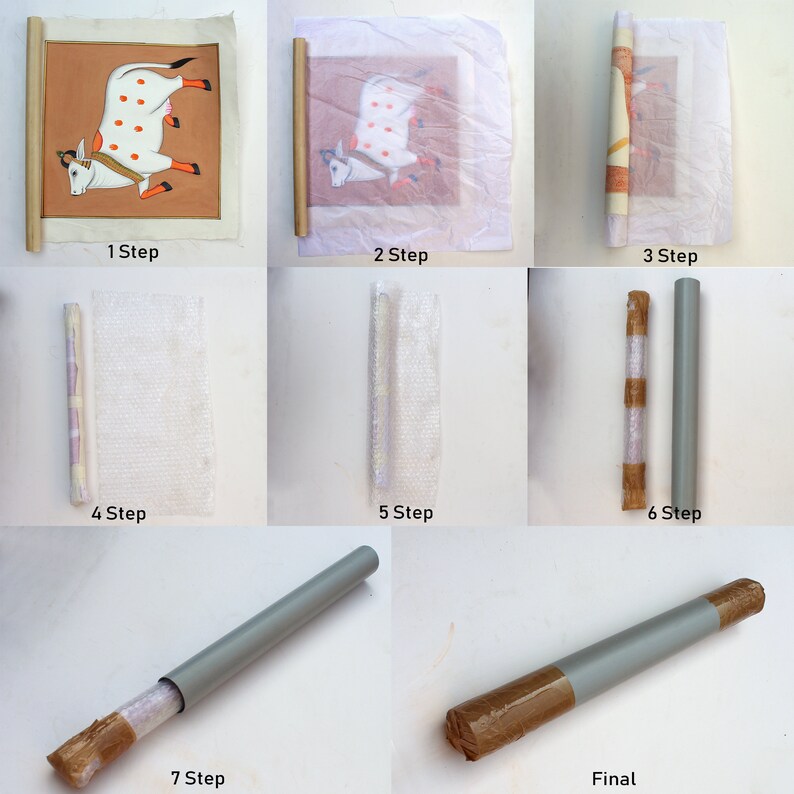 May include: A step-by-step guide on how to package a rolled painting for shipping. The painting is rolled up and wrapped in bubble wrap, then placed inside a cardboard tube. The tube is then sealed with brown packing tape.