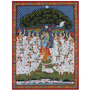 Traditional painting of lord krishna with cows under kadam tree ,indian religious art ,Indian folk art ,wall decor ,Painting,lord krishna