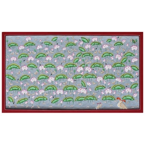 May include: A hand-painted artwork depicting a serene pond scene with pink lotus flowers, green lily pads, and small grey fish swimming in the water. Two orange birds stand on the edge of the pond.