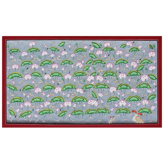 kamal talai painting, lotus pond painting with swan, hand made pichwai painting, hand made painting on cloth, lord krishna's painting