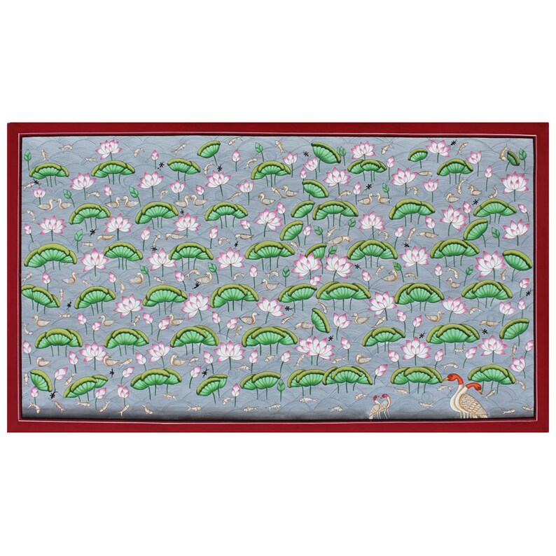 May include: A hand-painted artwork depicting a serene pond scene with pink lotus flowers, green lily pads, and small grey fish swimming in the water. Two orange birds stand on the edge of the pond.