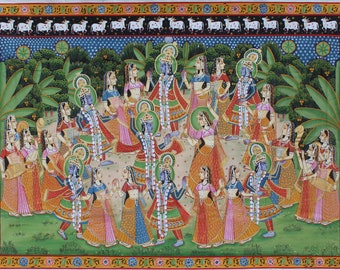 Traditional indian painting of Shri Krishna ji with gopis,Devotional art,Religious Wall Art .