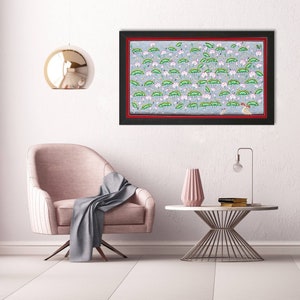 May include: A framed painting depicting a field of pink and green lotus flowers. The painting is set against a light blue background and is framed in black with a red inner border.