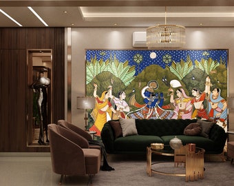 Krishna original Painting with gopies and cows, Modern Pichwai Painting of lord krishna ,lord krishna dancing with gopies,krishna painting