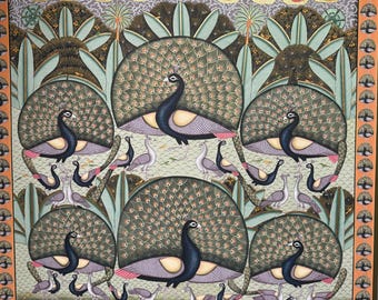 Painting of peacock in kamal talai  pichwai of Peacock Painting in kamal talai , wall decor, Indian art decor ,religious art,home decor
