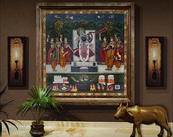Shrinath ji pichwai painting , original pichwai art - handpainted pichwai art - sharad purnima pichwai painting - 5 x 5 feet