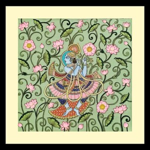May include: An Indian artwork showing a blue-skinned figure playing a flute, set against a backdrop of pink lotus flowers and green foliage on a light green canvas. The figure wears colourful traditional attire. The artwork is framed in a cream-coloured border.