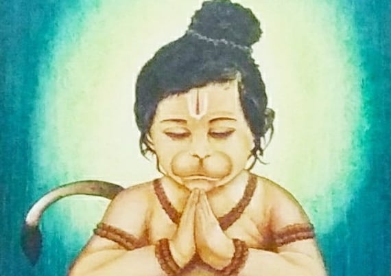 Beautifully Hand Painted Baby Hanuman Ji on Canvas With Acrylic