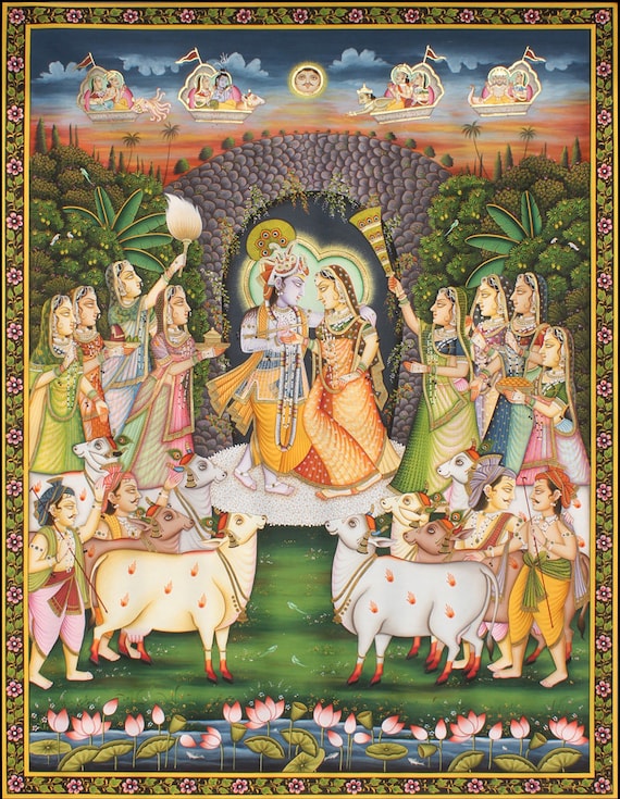 Art & Collectibles Painting Radha Krishna With Cows Hand Painted