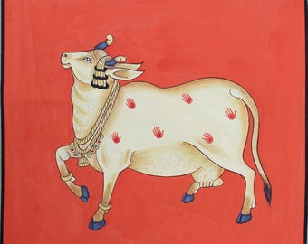 Beautifully hand painted cow on cloth with natural pigments color, Traditional painting ,Religious Art ,Indian decorative item, wall decor