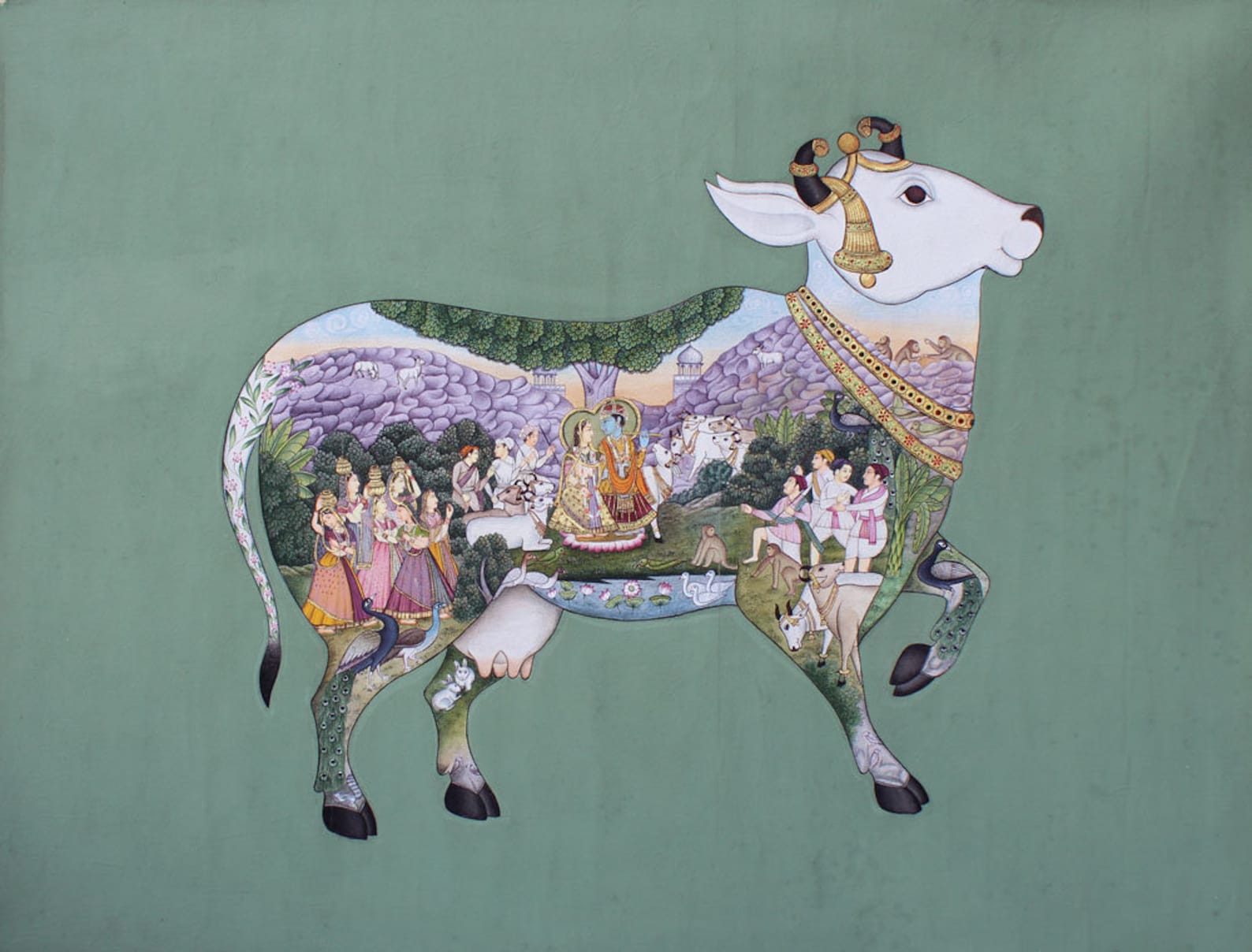 Religious Cow Traditional Painting of Cow , Handmade Cloth Painting , Krishna Leela ...