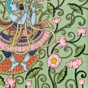May include: A detailed illustration depicting a blue-skinned figure playing a flute, wearing gold jewellery and a patterned skirt. Pink lotus flowers and green foliage surround the figure against a pale green backdrop. The artwork is in a traditional style.