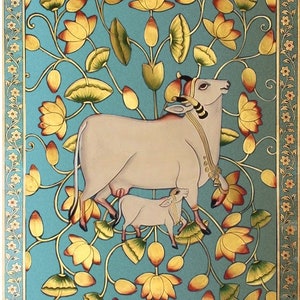 Traditional wall Painting of Beautiful Cow In Kamal Talai ,Indian Pichwai Painting, Wall Hanging ,Home decor ,Art ,Handmade Painting image 2