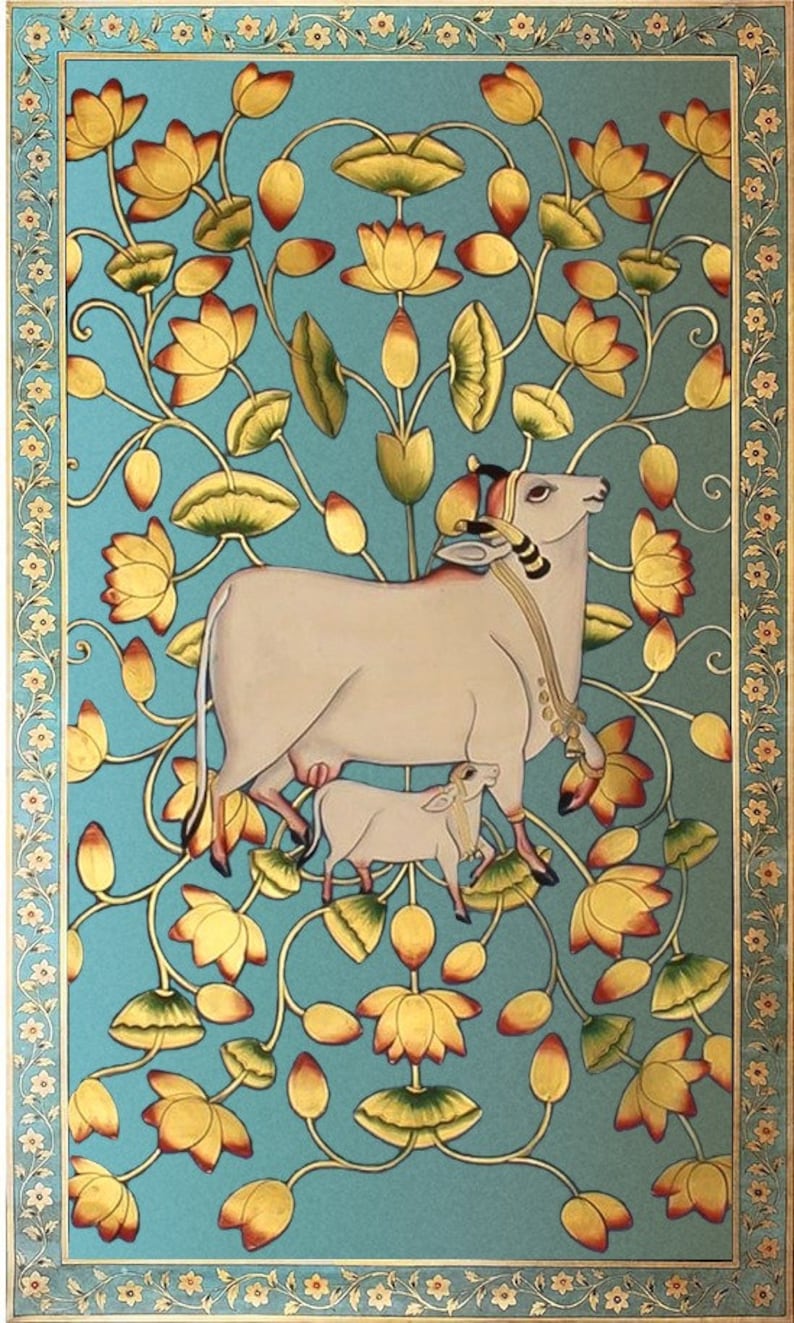 Traditional wall Painting of Beautiful Cow In Kamal Talai ,Indian Pichwai Painting, Wall Hanging ,Home decor ,Art ,Handmade Painting image 2