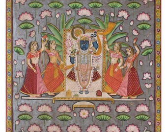 Painting of Shrinath ji in kamal talai , Wall Decor, Indian Art, Pichwai Art, Painting, Home Decor, Art Decor, Wall Hanging, Artwork