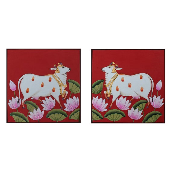 インド手描きピチャワイ画　牛と蓮の花の絵画 牛と蓮のピチワイ絵画、伝統的なラージャスタン布の壁アート - Etsy 日本