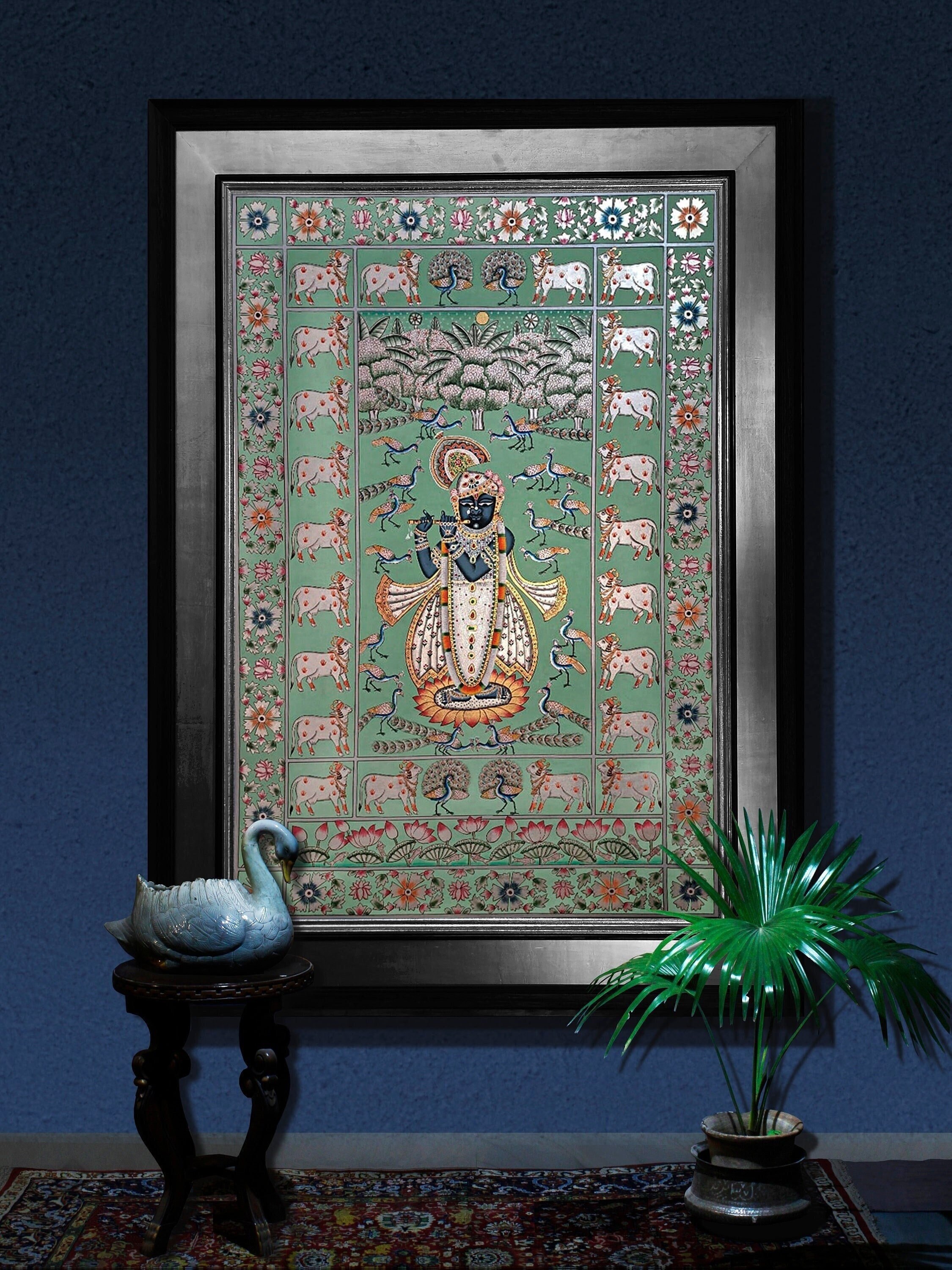 Traditional pichwai of shrinath ji with beautiful peacock & cows, wall decor, Indian art decor ,religious art, shrinath ji painting on cloth