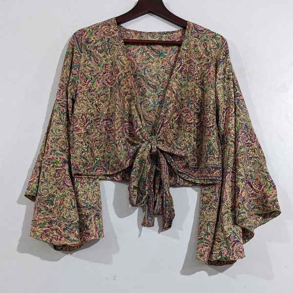 Burnt silk bell sleeve tie up wrap top, Bell Sleeve Cardigan, Tie Up Crop Top, Boho Top for Women, Festival Retro 60s 70s Clothing, #CP 156