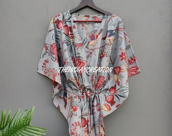 Indischer handgemachter Blumen-Kaftan aus Baumwolle, Damenkleid langer Kaftan, Kleid Strandbezug, Blumen-Handblockdruck-Kaftan-Schlafkleidung-Maxikleid #65