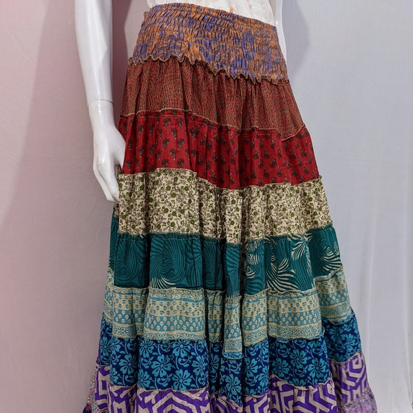 Free Size Patchwork Skirt Multi-layer Skirt Elastic Long Skirt Funky Style Wear Bohemian Dress Maxi Dress patchwork dress Hippie Skirt