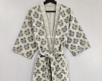 Kimono Kantha indio, bata acolchada 100% algodón, batas de invierno, chaqueta larga Kantha hecha a mano con albornoz de cinturón