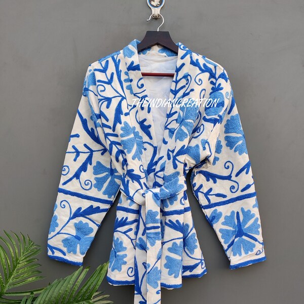 Women's Suzani Embroidery Short Jacket Kimono Robe New Suzani Jacket Countryside Living Cosy Warm Women's Coat Cotton Quilted Jacket Kimono