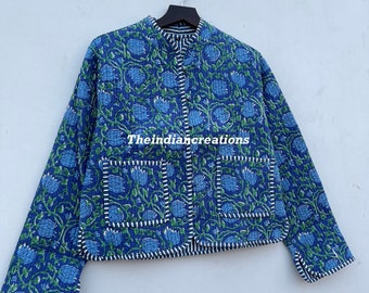 Block Print Quilted Jackets Cotton Floral Bohemian Style Fall Winter Jacket Coat Streetwear Boho Quilted Reversible Jacket for Women