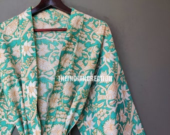Beautiful robe Green kimono Bird Printed Robe Hand block printed Cotton kimono robe Lightweight  Women fashion Floral kimono #RD 71