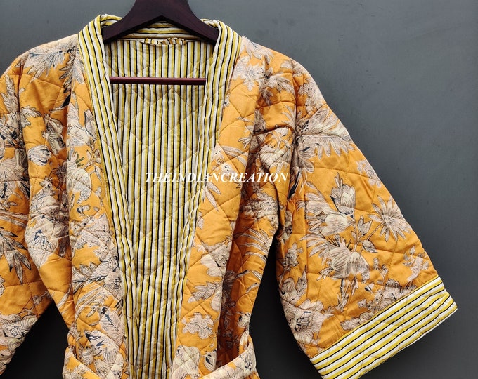Cotton Handmade Floral Quilted Robe Jacket Women's Robe Kimono Style