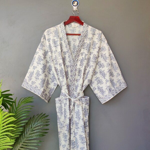 Blockprint Cotton Kimono Robes for Women Indian Dressing Gown Unisex Block Print Beach Cover Ups Bridesmaid Gifts Bridesmaid Robe #RD 44