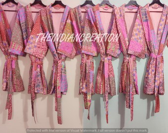 Indian Handmade Kantha Quilt Silk Women Wear Boho Pink Color Quilted Jacket winter jacket tie belt coat Patchwork Kantha Jacket Kimono Robe