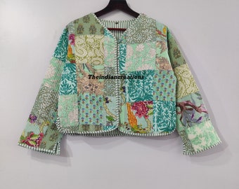 Chaqueta acolchada de algodón Las mujeres usan ribetes de rayas de kimono abierto en la parte delantera Chaqueta acolchada vintage hecha a mano, abrigos, nuevo estilo, Boho.. ropa de doble cara