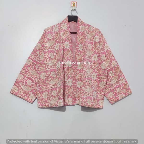 Quilted Kantha Kimono, 100% Cotton Floral Block Printed Short Robe, Winter & Nightwear Robe, Handmade Kantha Jacket With Open Bathrobe
