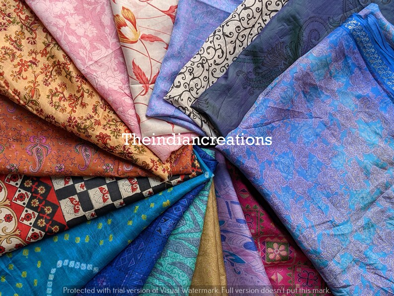 Lote enorme 100% seda pura Vintage Sari restos de tela chatarra Paquete Quilting Journal Proyecto por peso o cantidad Saree Square Cut Silk Scrap imagen 6