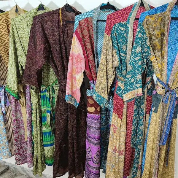 Lightweight silk saree kimono robe vintage silk kimono women kimono holiday kimono robe Patchwork kimono Women's Silk Kimonos Wholesale robe