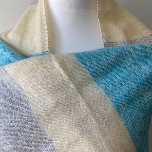 Hand loomed Yak Wool / Cotton blend Shawl Scarf Throw Made in Kathmandu Valley Approx 31” x 70” Pastel Turquoise Lemon Beige Stripes