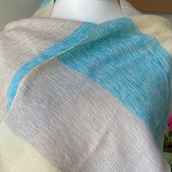 Beautiful Hand loomed Yak Wool Cotton Scarf  Striped, Turquoise Lemon Beige  made in Kathmandu Valley 54” x 11 Soft and warm.