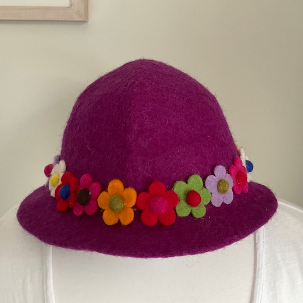 Fabulous unique 100% wool felt Hat Hand Made  adult size  Decorated with Flowers Purple