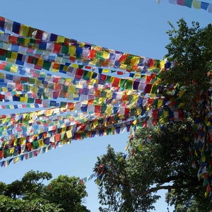 100 Large Tibetan Prayer Flags inscribed with sacred text and deities. Flags 7” x 6.5" each  Made in Nepal